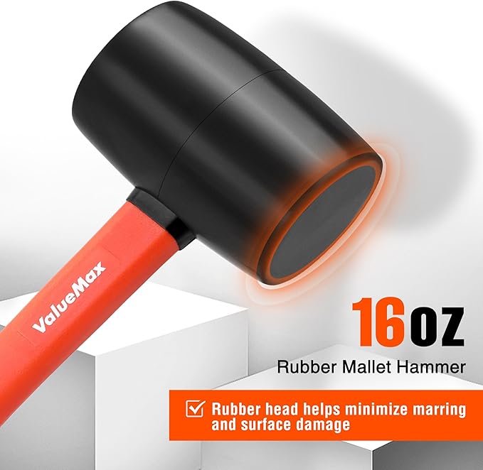 ValueMax 16oz Rubber Mallet Hammer, Fiberglass Handle, Double-Faced Soft Mallet, Soft Blow Tasks without Damage for Camping, Flooring, Tent Stakes, Woodworking