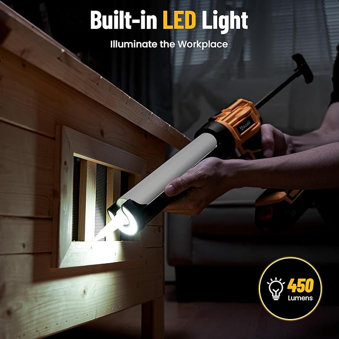 Electric Caulking Gun, Cordless Caulking Gun with 2x 2000mAh Batteries, 9Pcs Silicone Caulking Tools, 4 Adjustable Speeds, LED Light, 10OZ Battery Silicone Gun for Filling, Sealing (Yellow)