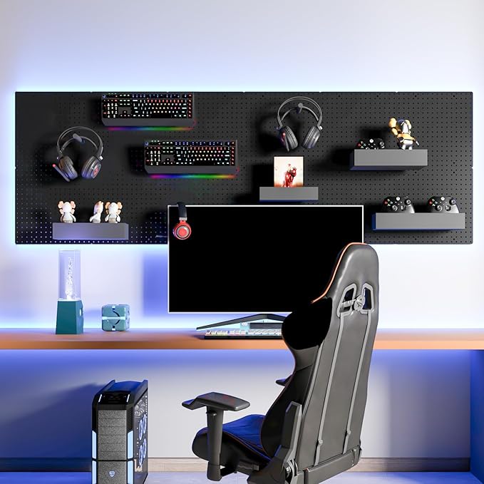 Peg Board, 4PCS Metal Pegboard, Heavy Duty Pegboard Wall Organizer with Frame. Black Pegboard for Walls, Garage, Workbench, Craft Room Tool Organization, Metal Pegboard Panels 12in*12in