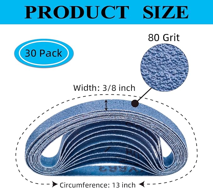 3/8" x 13" Zirconia Sanding Belts, 30 pack 3/8x13 Inch Sanding Belts 80 Grit, Zirconia Belt Sander Sanding Belts for Air File Belt Sander(3/8x13in, 80 Grit)