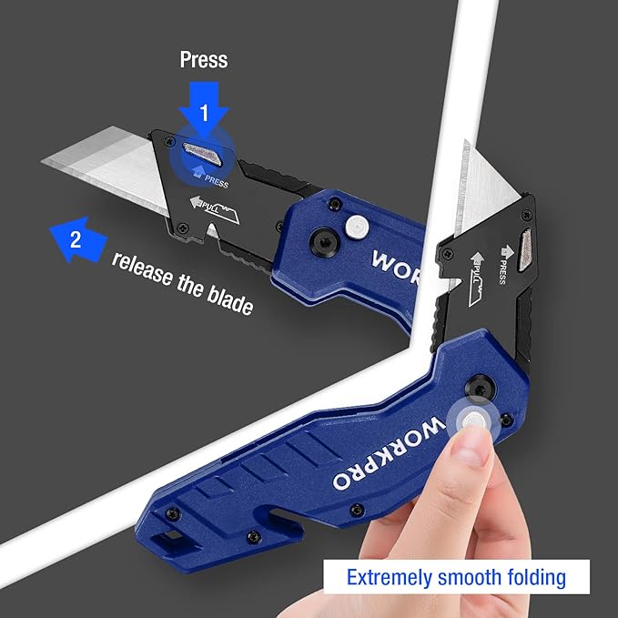 WORKPRO Folding Utility Knife, Box Cutter with Belt Clip, Quick-Change Blade, Lightweight Nylon Handle, Wire Stripper & Gut Hook, Extra 10 SK5 Blades Included, Blue