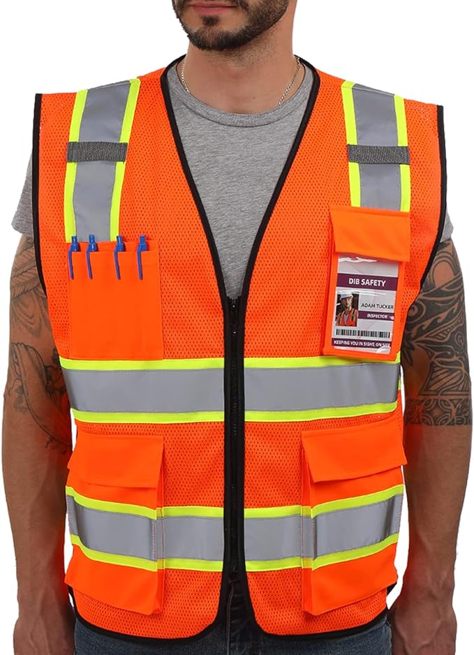 Dib Safety Reflective Mesh Vest High Visibility Two Tone with Pockets and Zipper, ANSI Class 2 Compliant, Orange Mesh with Yellow Trim 4X
