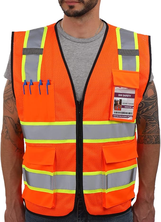 Dib Safety Reflective Mesh Vest High Visibility Two Tone with Pockets and Zipper, ANSI Class 2 Compliant, Orange Mesh with Yellow Trim L
