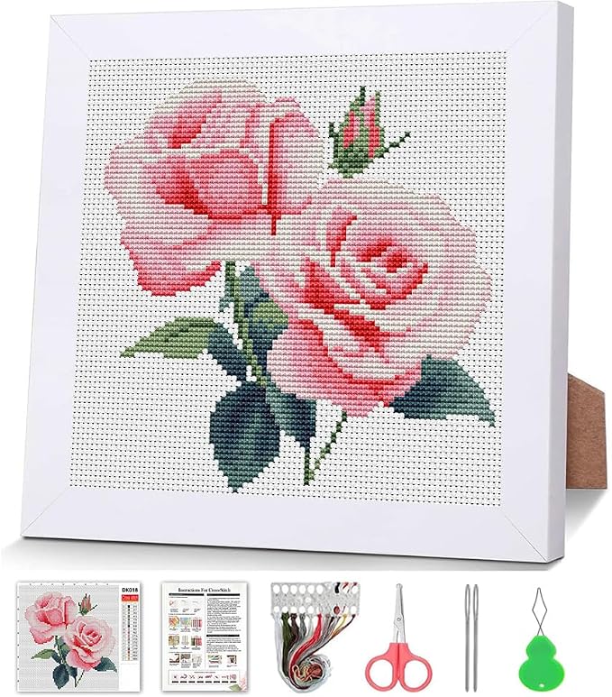 Pink Roses Cross Stitch Kits for Beginner, Flowers Stamped Cross Stitch Kits by VIGEGU