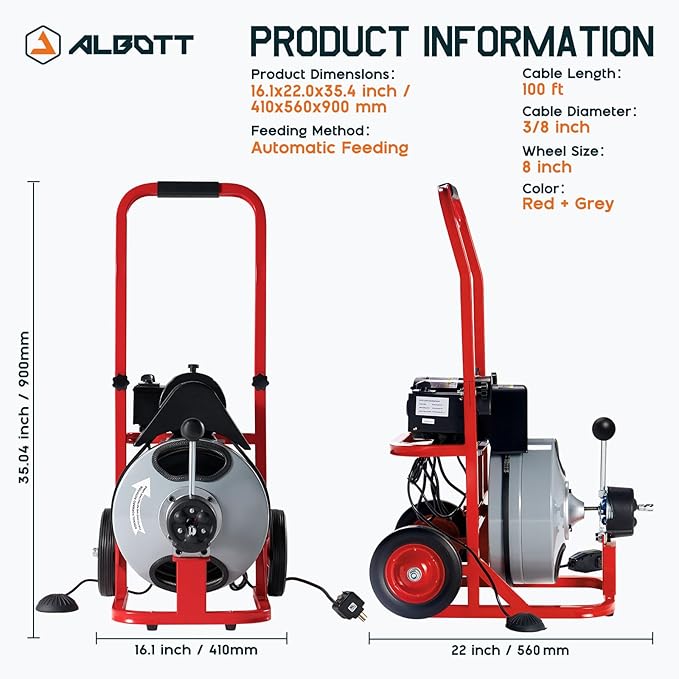 Albott 100 FT x 3/8 inch Electric Drain Cleaner Machine with Auto-Feed & 10 Cutters, Sewer Snake Auger for 1–4 Inch Pipes, Foot Switch & Wheels, Ideal for Home & Commercial Use, Gray/Red