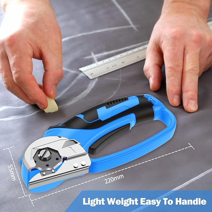 Cordless Electric Scissors, 4V Box Cutter & Cardboard Cutter with 2 Titanium Blades - Rotary Cutter with LED Light for Fabric, Leather, Carpet, Plastic, Crafting + Storage Case (Blue)
