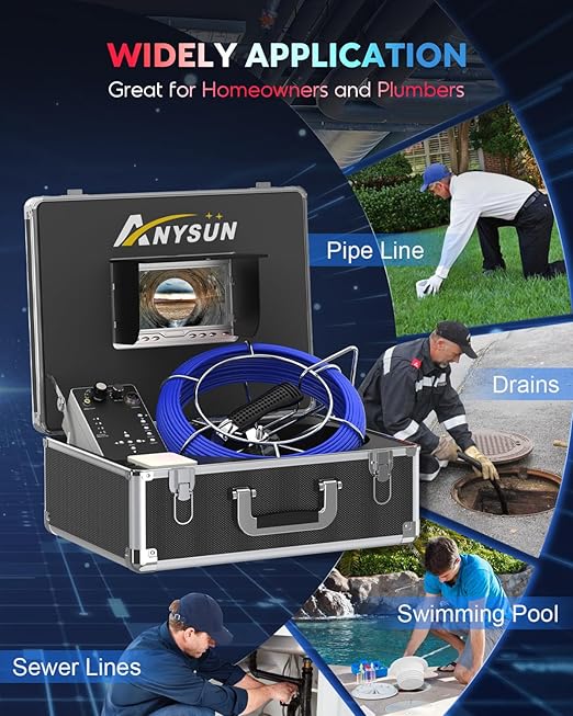 Anysun Sewer Camera Self Leveling with Distance Counter, 100Ft/30M Sewer Drain Camera with DVR Recorder, IP68 Waterproof Pipe Inspection Camera with 16GB Card, 7'' Color HD Snake Camera Borescope