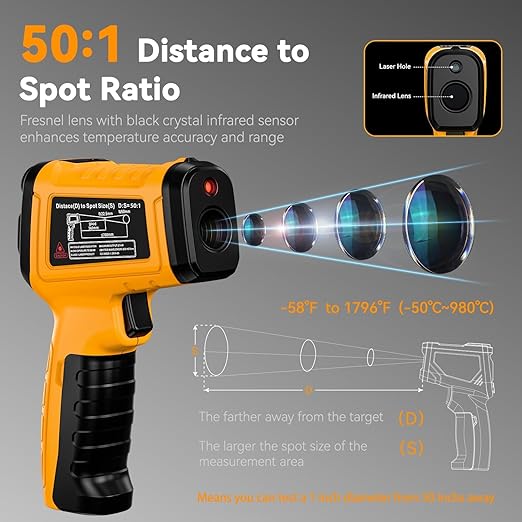 50:1 Infrared Thermometer Temperature Gun, Dual-Mode Temp Gun -58°F to 1796°F, with K-Type Thermocouple for Internal Readings, for Kilns, Industrial, and HVAC Applications
