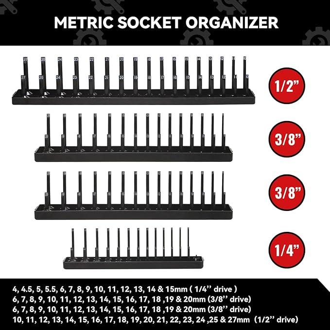 8PCS Socket Organizer Tray Set,SAE & Metric Socket Trays, 2PCS 1/4", 4PCS 3/8", 2PCS 1/2" Drive Deep and Shallow Socket Holders for Toolboxes (8pcs socket organizer (store 226 sockets）)