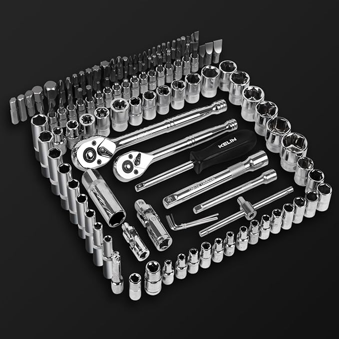 KELIN Socket Wrench Set 108 Pcs,1/4-Inch and 3/8-Inch Drive Socket Set with 72 Tooth Reversible Ratchets, Metric Bit Socket Set and Extension Bar for Auto Repairing and Home Use
