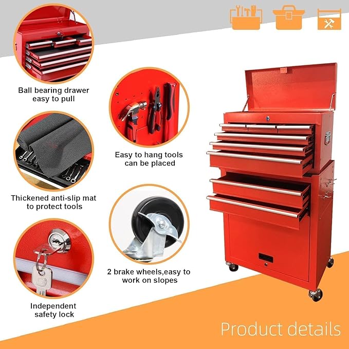 8-Drawer High Capacity Rolling Tool Chest, Removable Cabinet Storage Tool Box with Wheels and Drawers
