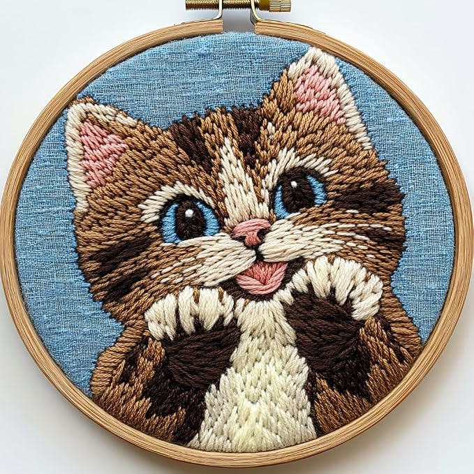 DIY Punch Needle Kit Cat with Hoop 20x20cm | with Pattern Stamped Easy by Unknown