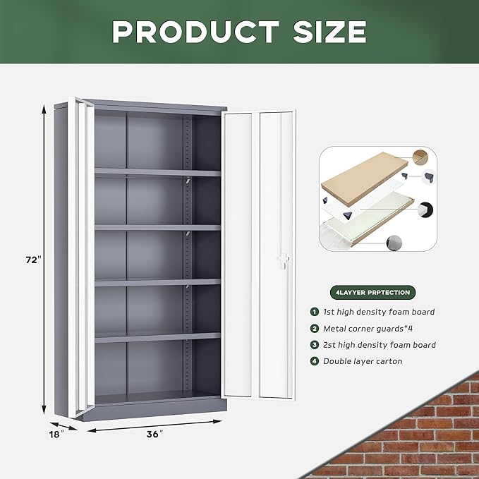 Greenvelly Metal Garage Storage Cabinet, 72" Locking Metal Cabinet with 2 Doors and 4 Adjustable Shelves, Grey White Steel Tool Organization for Home, Office, Garage (36" W x 18" D)