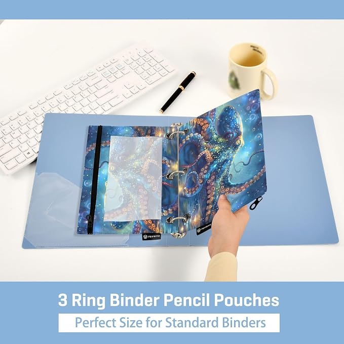 Octopus Galaxy Pencil Pouch for 3 Ring Binder, 2 Pack Waterproof Pencil Bags - Image 4