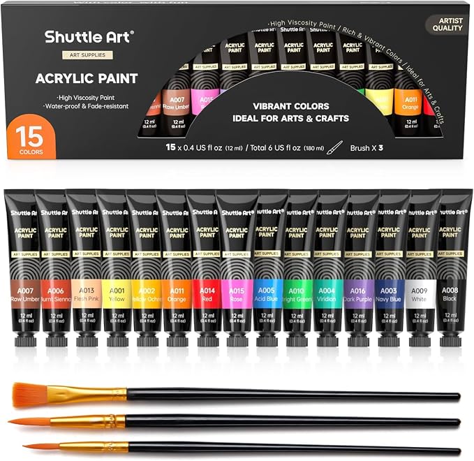 Shuttle Art Acrylic Paint Set, 15 x 12ml Tubes Artist Quality Non Toxic Rich by ShuttleArt