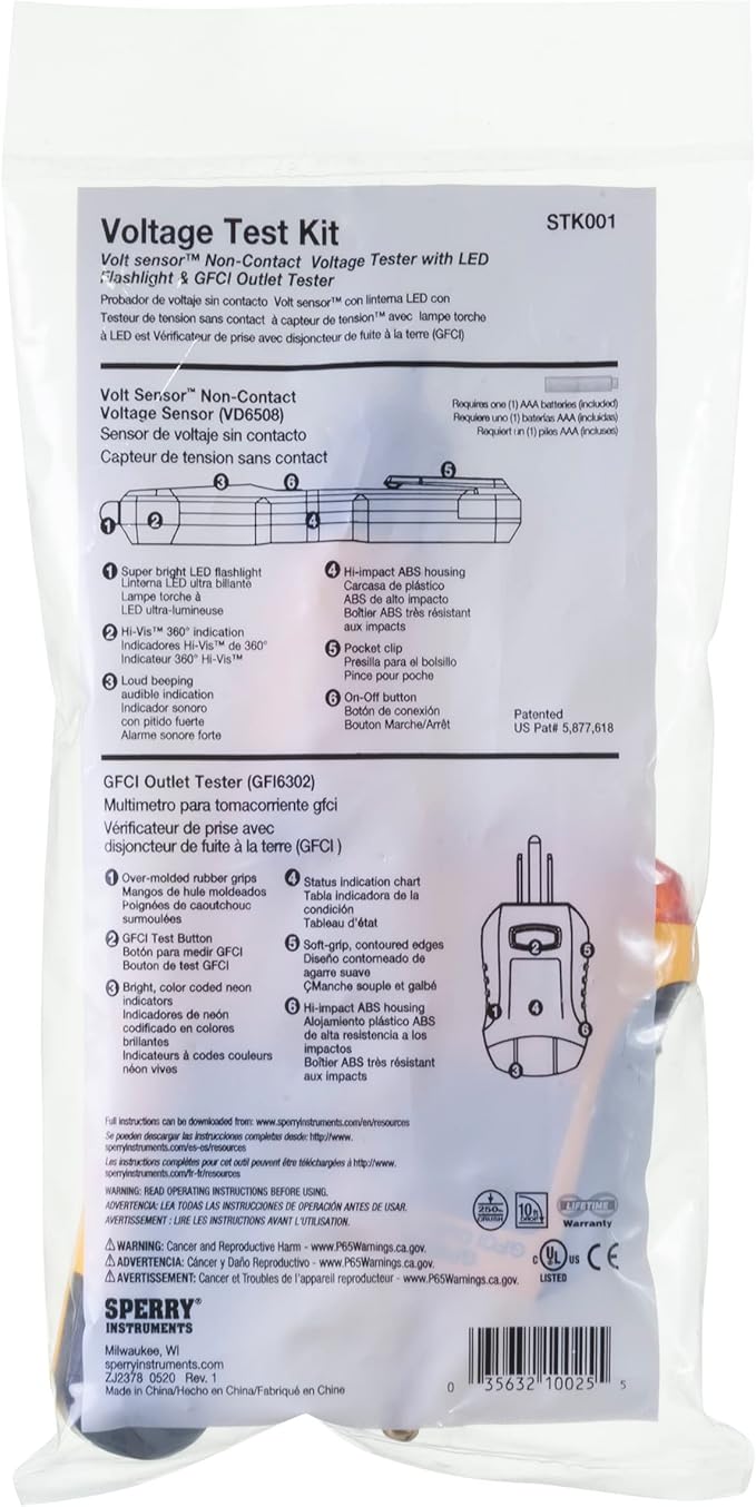 Sperry Instruments STK001 Non-Contact Voltage Tester (VD6504) & GFCI Outlet / Receptacle Tester (GFI6302) Kit, Electrical AC Voltage Detector, Yellow & Black