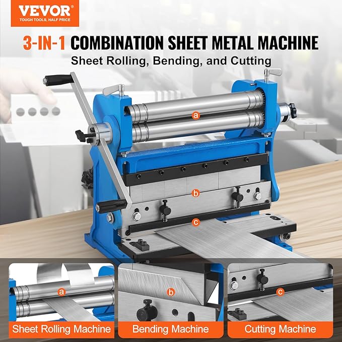 VEVOR Sheet Metal Brake, 12-inch, 3-In-1 Combination Shear Brake Roll Machine, 20-Gauge Capacity Shear Press Brake with 90° Max Bending Angle, Shears and Slip Roll Machine for Shear Bending Rolling