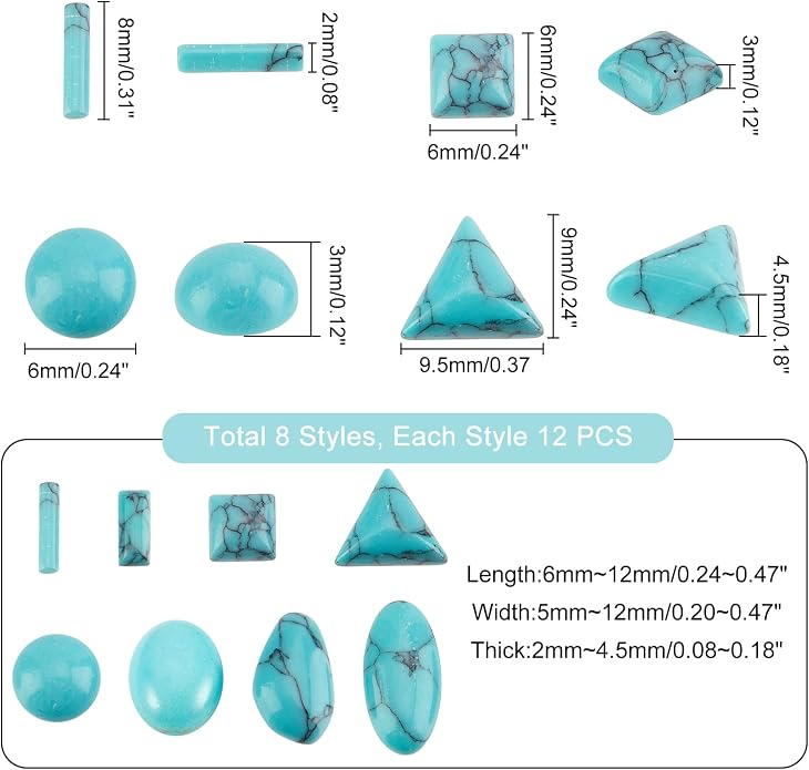 PH PandaHall 96pcs Stone Cabochons, 8 Shapes Blue Texture Gemstone Tiles Column - Image 5