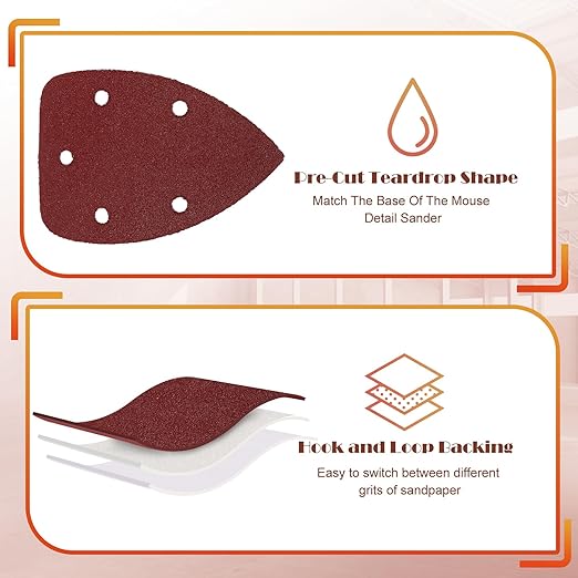 80 Grit Mouse Sander Sandpaper, Jamiikury 5 Hole Detail Sander Sandpaper Palm Sander Paper Mouse Sanding Pads Hook and Loop Sanding Sheets - Pack of 50