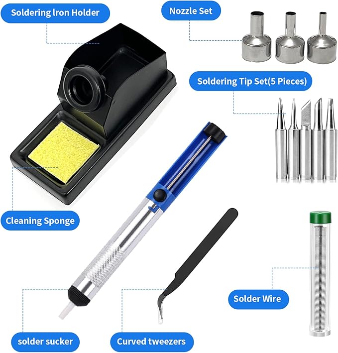 8586D Hot Air Soldering Iron Station Kit 2-IN-1 for Rework, Desoldering with Lead-Free Solder Wire, 5 Soldering Tips, 3 Hot Air Nozzles, Tweezers, Desoldering Pump。