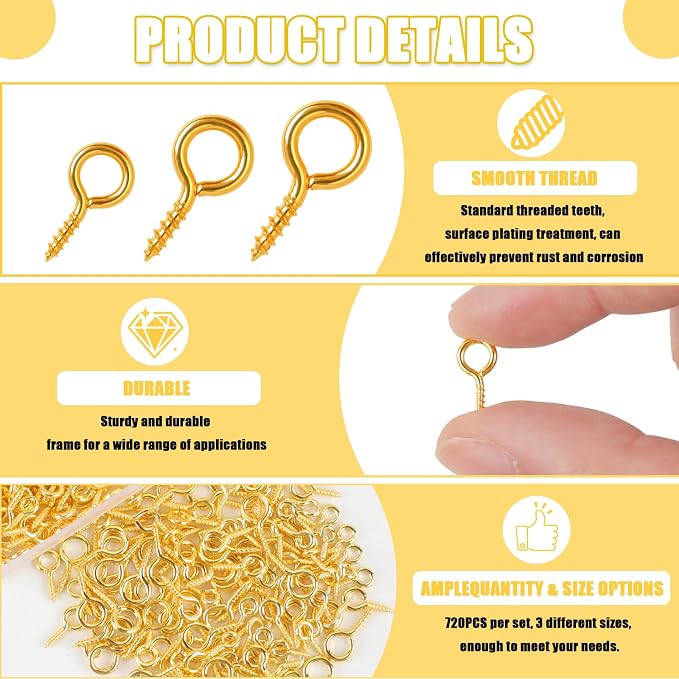 720PCS Small Screw Eye Pins, 3 Styles of Mini Eye Screws, Eyelet Pins Hooks - Image 4