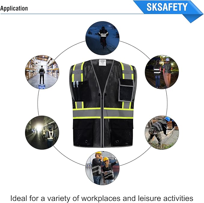 SKSAFETY 10 Pockets Safety Vest, Class 2 High Visibility Security with Zipper Double-sided mesh, Hi Vis Vest with Reflective Strips, ANSI/ISEA Standard, Construction Work Vest （Black, L）