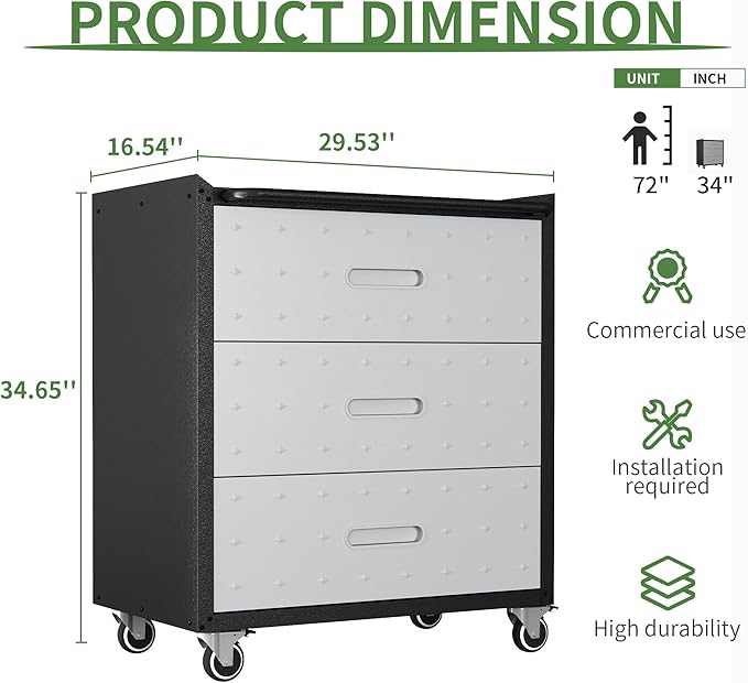 Metal Garage Storage Cabinet with Wheels,Locking Rolling Tool Cabinet with Drawers and Shelves for Home, Office, Garage & Workshop