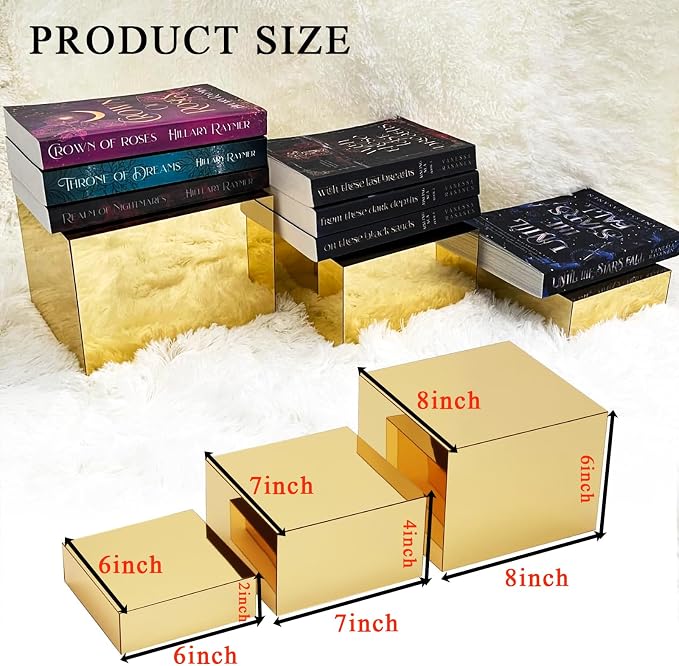 3Pcs Gold Acrylic Riser Display Stands Mirrored Nesting Cube Boxes | Pedestal - Image 7