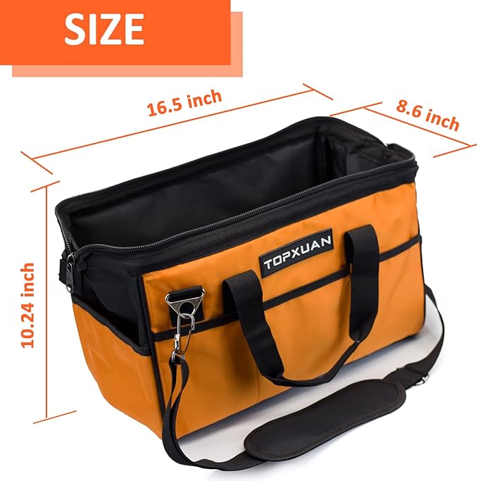 Tool Bag16 Inch Heavy Duty Waterproof Orange Tool Organizer with Wide Mouth and Shoulder Strap for Power and Small Hand Tools Oxford Cloth Fabric (18 Pockets)