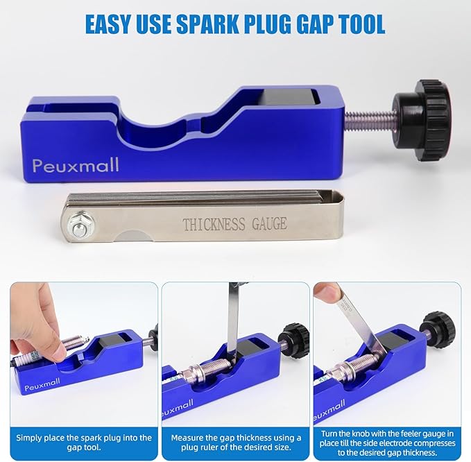 Spark Plug Gap Tool, Spark Plug Gapping Tool with 32 Blade Steel Feeler Gauge, Universal Spark Plug Gap Tool for Most 10mm 12mm 14mm 16mm Spark Plugs (Blue)