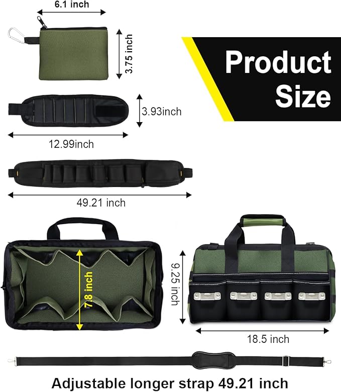 18 Inch Heavy Duty Tool Bag-48 Pockets,1680D Tear&Abrasion Resistant,Includes Tool Pouch,Tool Belt,Magnetic Wristband&Adjustable Shoulder Strap | Tool Organizer(Green)