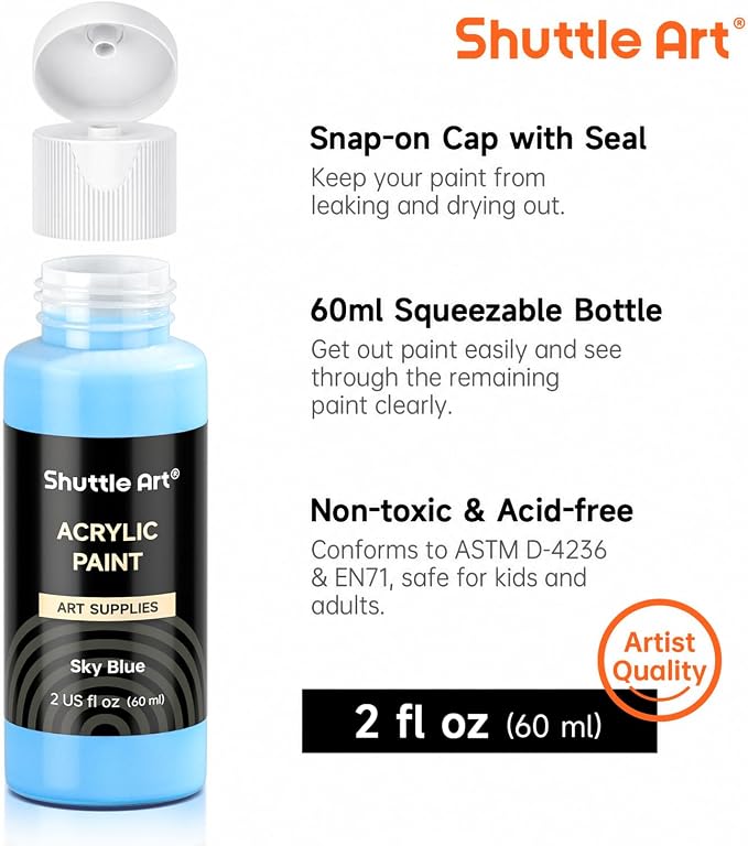 Shuttle Art Acrylic Paint, 50 Colors Acrylic Paint Set, 2oz/60ml Bottles - Image 4