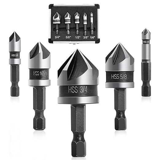 KENDO 5PCS Countersink Drill Bit Set, High Speed Steel Countersink Bits, 82 Degree 5 Flute Pieces, 1/4 Inch Hex Shank, Fit for Sink Holes into Metals, Wood, Plywood, Plastic with Aluminum Case