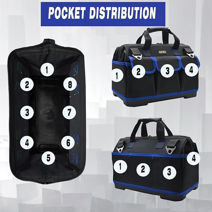 20 Inch Tool Bag, Waterproof Wide Mouth Tool Kit, Heavy Duty Tool Bag Organizer With Shoulder Straps and Molded Base, Tool Storage Package For Screwdrivers, Pliers, Nut Drivers (Blue20IN)