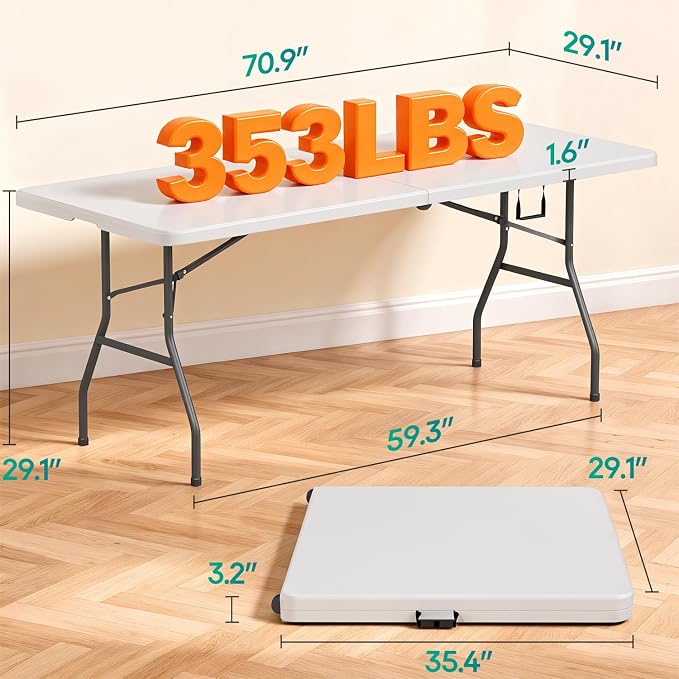 FDW 6FT Folding Table, Portable Fold-in-Half Plastic Picnic Party Table - Image 3