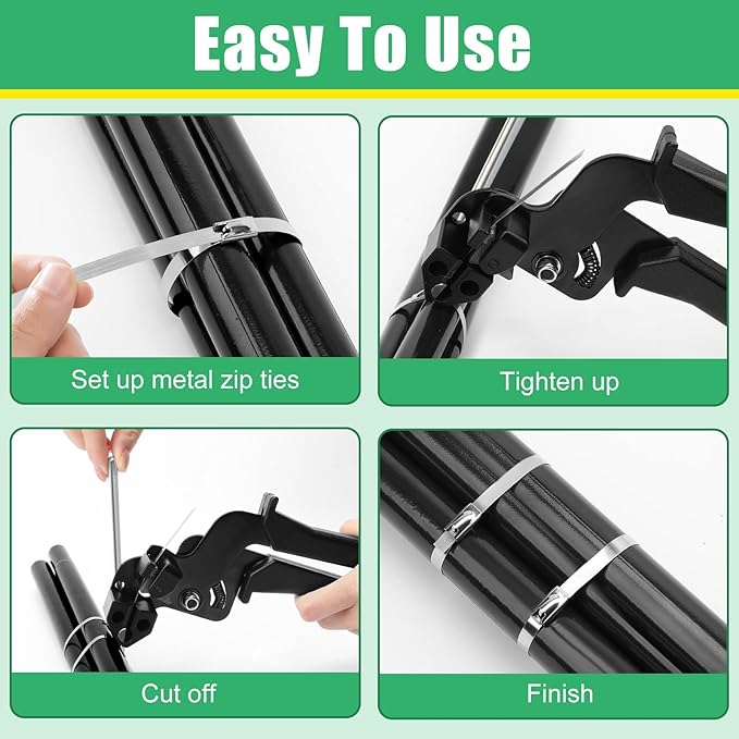 Heavy Duty Stainless Steel Cable Tie Gun Kit with 200 Self-Locking Metal Zip Ties, Adjustable Tension Cutting Tool for Garden Fence Repair, Outdoor Projects (100 of 11.8", 50 Each of 8.6", 6")