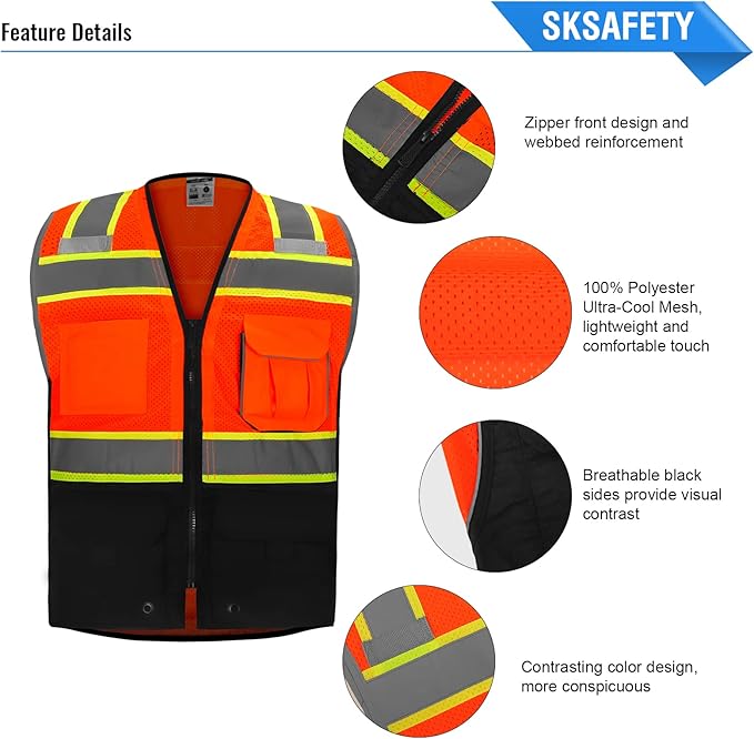 SKSAFETY 10 Pockets Professional level Safety Vest, Class 2 High Visibility Security Vest with Zipper, Hi Vis Vest with Reflective Strips, ANSI/ISEA Standard, Construction Work Vest（Orange Black, 3XL）