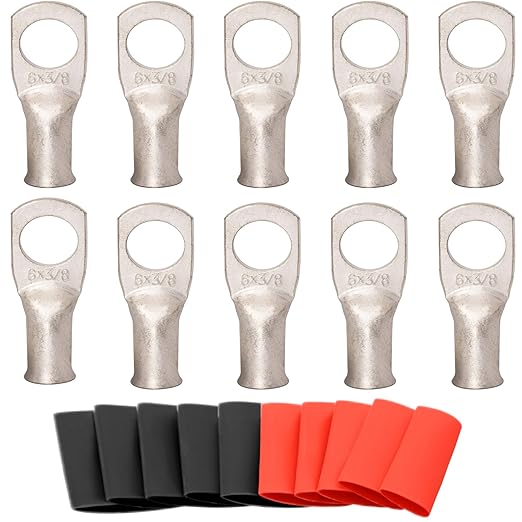 SVAAR 10pcs 6 AWG - 3/8'' Tinned Copper Cable Lugs Wire Lugs UL Listed 6 Gauge Ring Terminals Wire Lugs Battery Cable Ends Heavy Duty Closed End Crimp Connectors with 10pcs 3:1 Heat Shrink Tubings