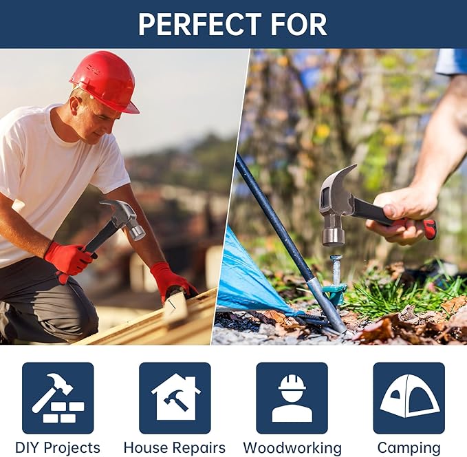 8OZ Claw Hammer with Fiberglass Handle, Drop Forged Claw Hammer, All Purpose Hammer, Smooth Face, Shock-Absorbing Grip