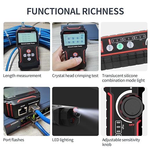 NOYAFA NF-8209S Network Cable Tester, Ethernet Cable Tester with CAT5, CAT6 Line Tracer, PoE, NCV, QCFunction,Length Test, Port Flashing,Fault Line Scan for Cable Grooming,LAN Network Cable Tracer Kit