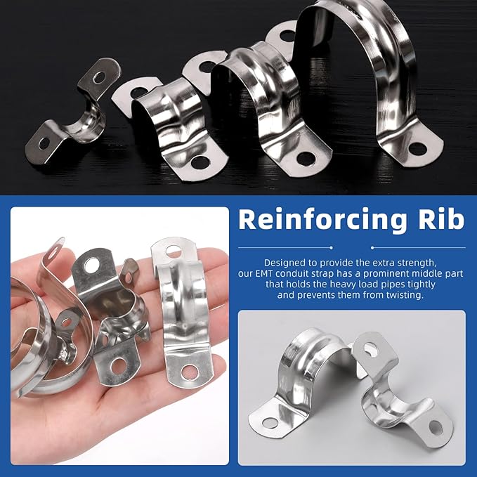 Glarks 50Pcs M8 Pipe Strap Clamp, 304 Stainless Steel 2 Hole Strap Heavy Duty Rigid Pipe Strap U Bracket Tube Strap Cable Clamp Hanger Tension Tube Clip for Pipe Tube Cable Fixing (45mm (1-3/4"))