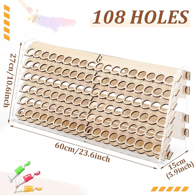 Colingmill Wooden Paint Organizer Storage Rack, 108 Holes Miniature Model Paint - Image 2