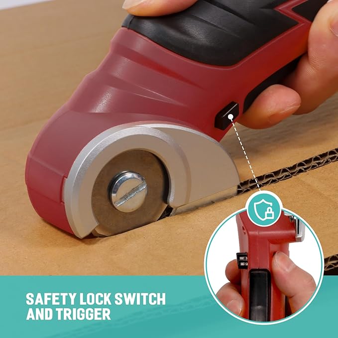 VLOXO Cordless Electric Scissors Cardboard Cutter 4V Electric Box Cutter Rechargeable Power Scissors with Safety Lock Multi-Cutting Tools for Leather Carpet Canvas (Red)