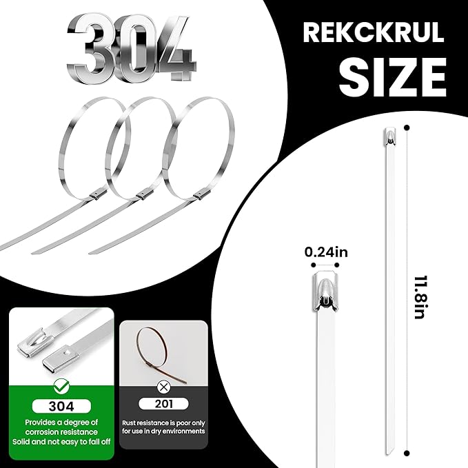 11.8 Inch 100 Pcs Stainless Steel Metal Zip Ties – Heavy Duty Outdoor Cable Ties with Self-Locking Design for Machinery, Vehicles, Farms, Pipes, Roofs, Cables