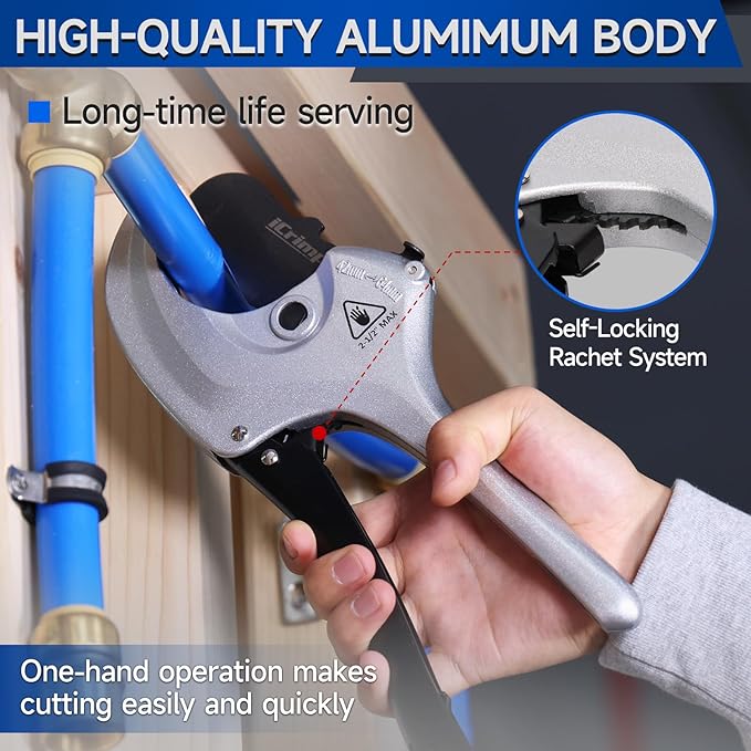 iCrimp Adjustable PVC Pipe Cutter Cuts up to 2-1/2", Heavy-Duty Aluminum Ratchet Pipe Cutter Tool, One-hand Operation Tube Cutter, PEX Cutting Tool for PEX, PVC, PPR Platic Hose and Plumbing Pipe