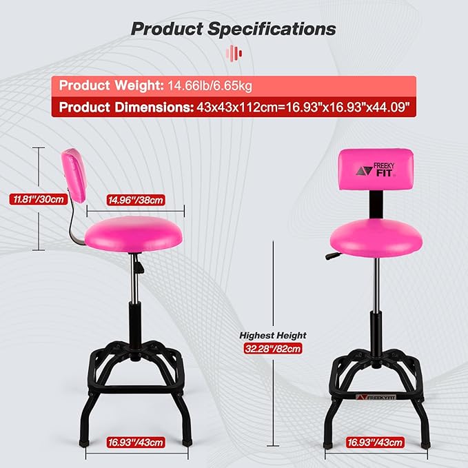 Shop Stool with Backrest, Mechanic Garage Stool for Workshop, Adjustable Shop Stools Chair, Padded Workbench Stools for Men Women, 300 LBS Capacity, 360° Swivel PVC Seat, Heavy Duty, Pink