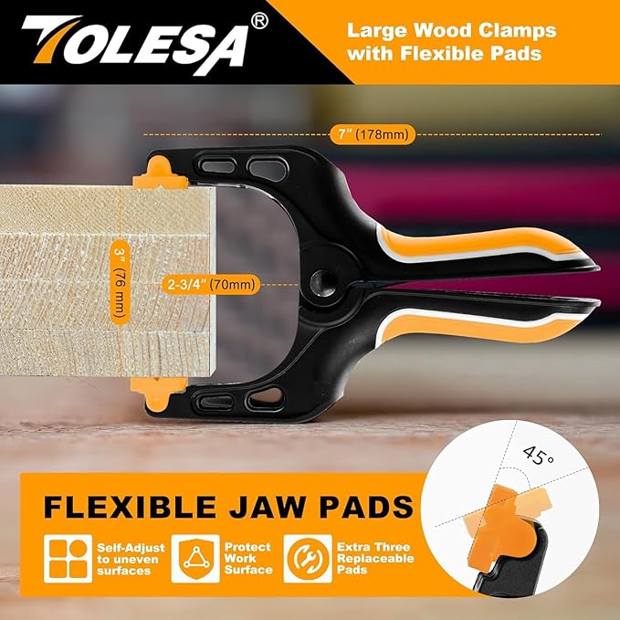 TOLESA Heavy Duty Spring Clamps 7 Inch 10 Pcs Large Wood Clamps with 30Lbs Powerful Clamping Force Deep Throat Nylon Clamps for Woodworking Photography Backdrop Household Use Cover Holding Wood Gluing
