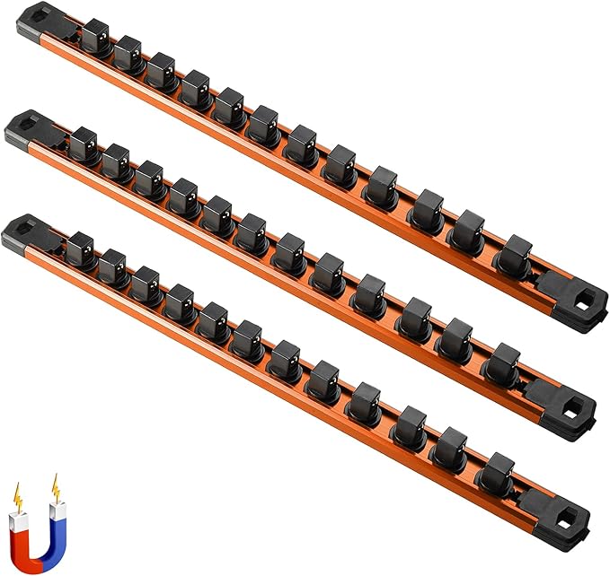 ALOANES 3-Piece Magnetic Socket Organizer, Heavy Duty Aluminum Socket Rails Organizer, 360° Swivel Clips Socket Holder Kit for Tool Box, 1/2-Inch Socket Holder x 36 Clips (Orange)