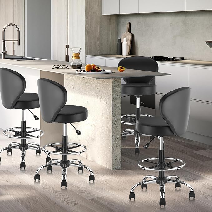 Black PVC Faux Leather Drafting Chair Set of 2 Rolling Swivel Salon Stool with Back Support Foot Rest Adjustable Hydraulic Seat Height for Massage Facial Spa Medical Drafting Tattoo Beauty