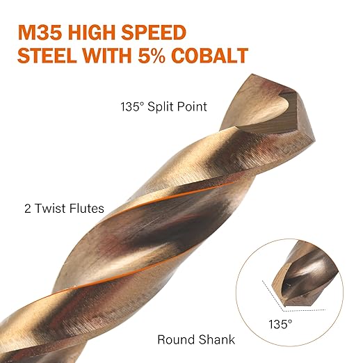 KENDO 5/16 Inch Cobalt Drill Bits (13pcs), M35 High Speed Steel, 135 Degree Tip, Jobber Length Twist Drill Bit Set for Hard Metal, Stainless Steel, Cast Iron, Wood and Plastic, with Storage Case